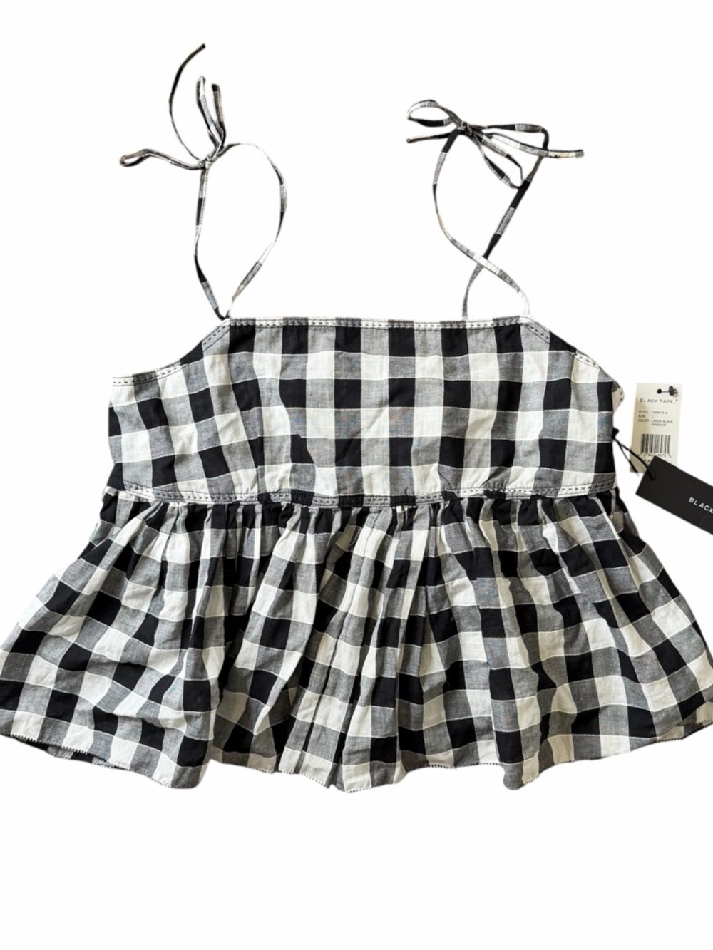 Black Tape NWT Gingham Plaid Peplum Tie Shoulder Tank Top